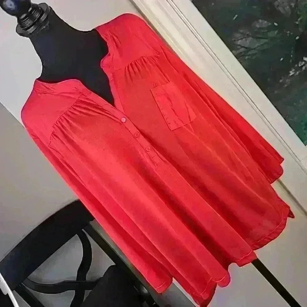 Red button front polo neck tunic